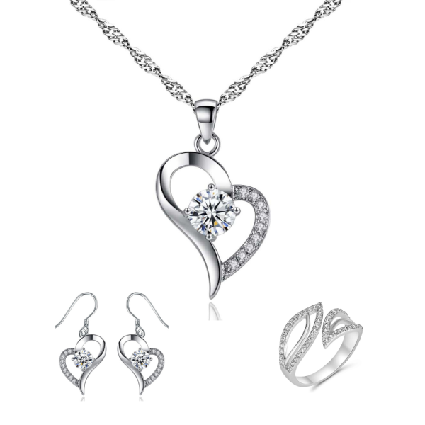 Premium Crystals Heart Pendant Necklace Earrings And Open Ring Tri Set