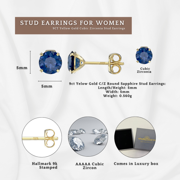 9ct Yellow Gold C/Z Blue Sapphire 5mm Stud Earrings and Aquamarine Stud Earrings Set Two Pairs Set