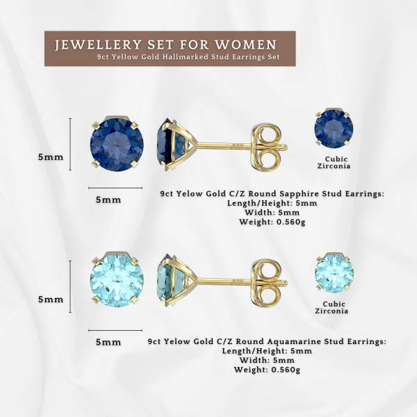 9ct Yellow Gold C/Z Blue Sapphire 5mm Stud Earrings and Aquamarine Stud Earrings Set Two Pairs Set