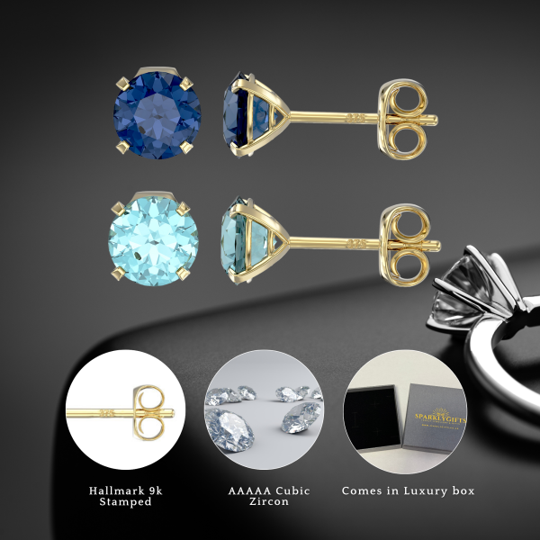 9ct Yellow Gold C/Z Blue Sapphire 5mm Stud Earrings and Aquamarine Stud Earrings Set Two Pairs Set