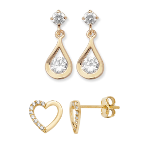 9ct Yelow Gold C/Z Teardrop Earrings and Heart Stud Earrings Set Two Pairs Set