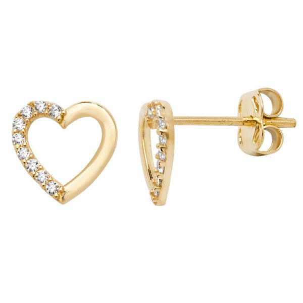 9ct Gold Half Cubic Zirconia Heart Stud Earrings