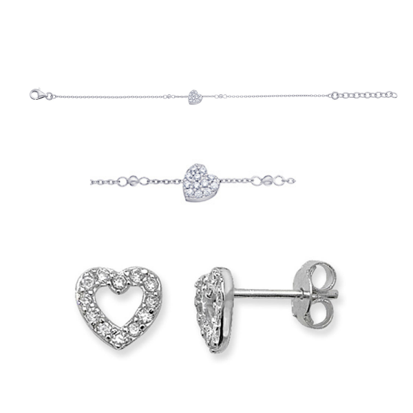 Sterling Silver Cubic Zirconia 7mm Heart Bracelet and Stud Earrings Set