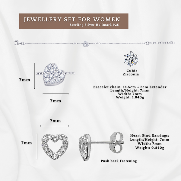 Sterling Silver Cubic Zirconia 7mm Heart Bracelet and Stud Earrings Set