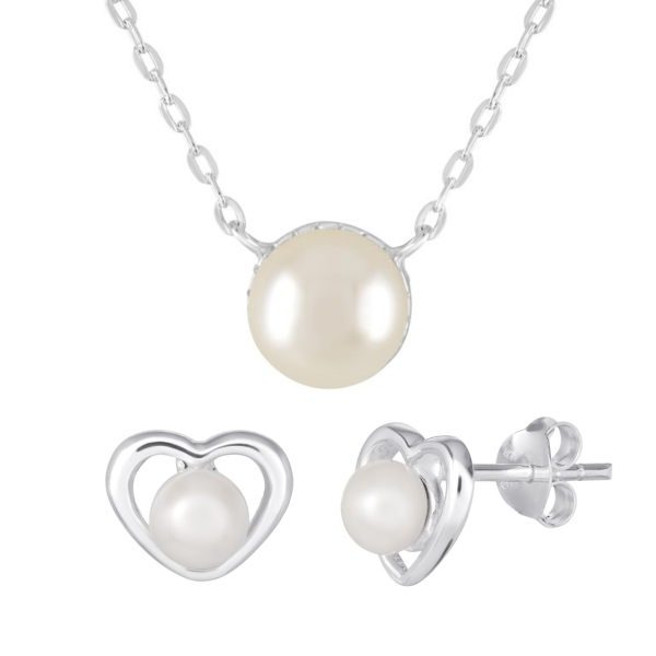 Sterling Silver Diamond Cut Set 6mm Pearl Necklace and Stud Earrings Set