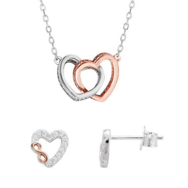 Sterling Silver Cubic Zirconia Two Tone Double Hearts Necklace and Affinity Stud Earrings