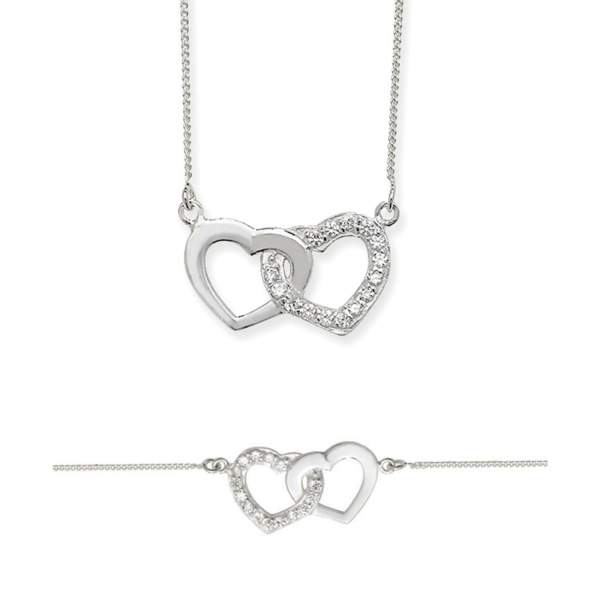 Sterling Silver Cubic Zirconia Interlinked Heart Necklace and Bracelet Set