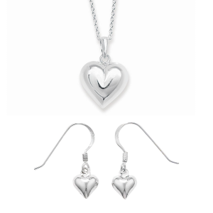 Sterling Silver Plain Puff Heart Necklace and Hook Earrings Set