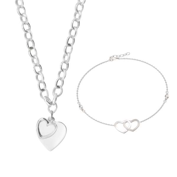 Sterling Silver Double Heart Belcher Necklace and Heart Anklet Bracelet Set