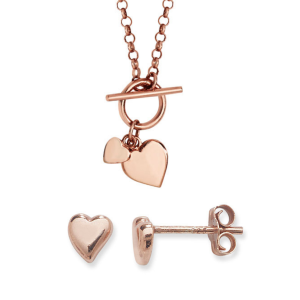 Sterling Silver Rose Gold Plated T-bar Hearts Necklace and 6mm Heart Stud Earrings Set