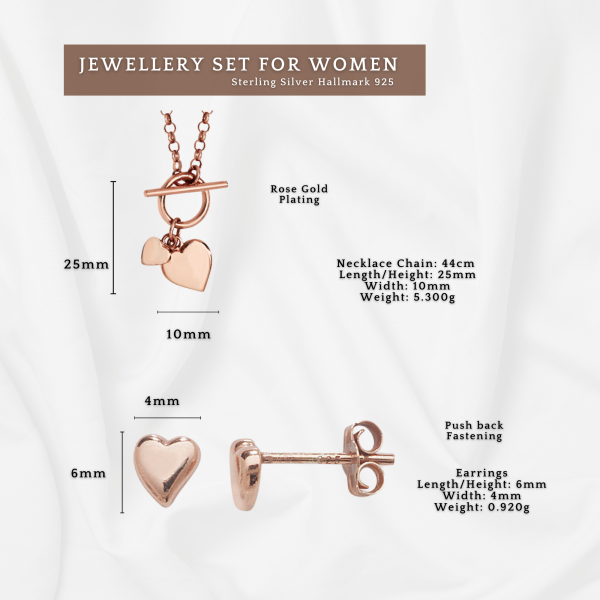 Sterling Silver Rose Gold Plated T-bar Hearts Necklace and 6mm Heart Stud Earrings Set