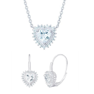 Sterling Silver Cubic Zirconia 12mm Heart Necklace and Huggies Earrings Set