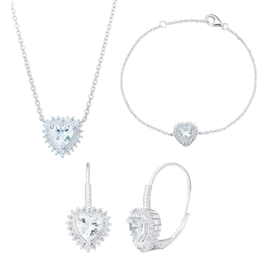 Sterling Silver Cubic Zirconia 12mm Heart Necklace, Bracelet and Huggies Earrings Set