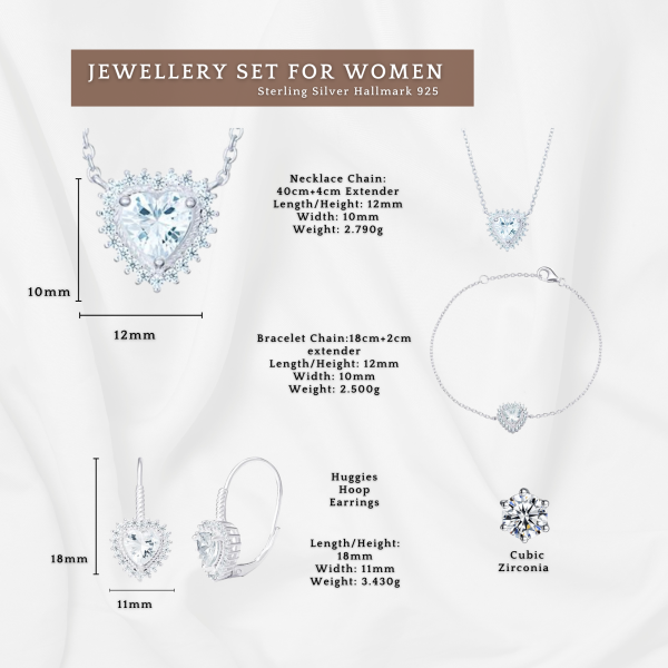 Sterling Silver Cubic Zirconia 12mm Heart Necklace, Bracelet and Huggies Earrings Set