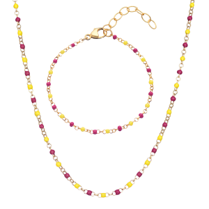 Sterling Silver Gold Plated Enamel Red and Yellow Beaded Necklace and Bracelet Set for Children